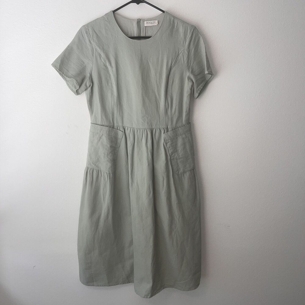 ROOLEE Sage Green Midi Dress Short Sleeve Pockets Modest Minimalist Med